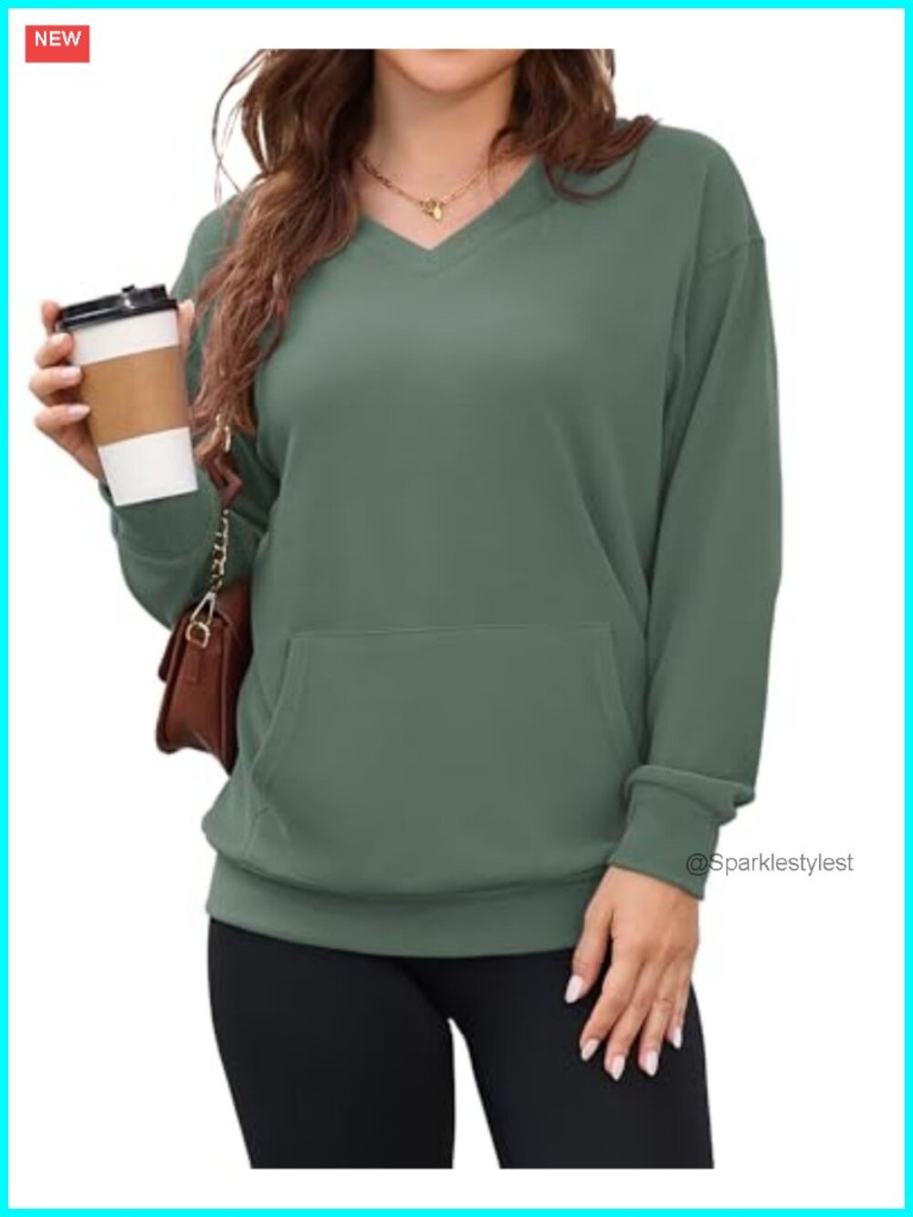 Womens Long Sleeve V Neck Hoodless Sweatshirt with Kangaroo Pocket
